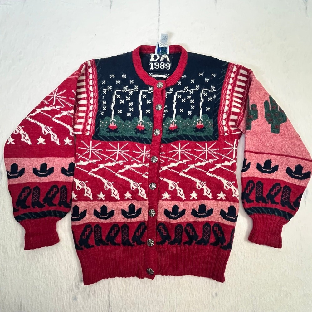 Vintage 1989 Cowboy Western Cardigan Sweater Large Wool Blueberry Woolens